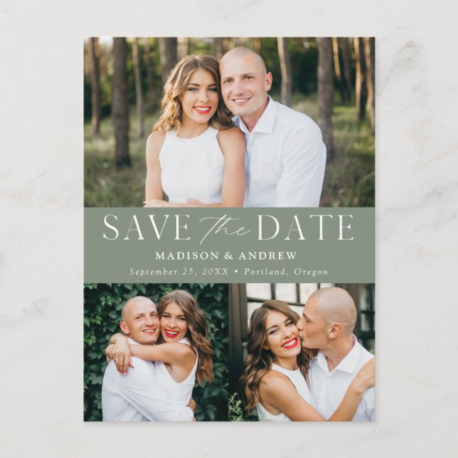 Modern Elegance Sage Green 3 Photo Save the Date Announcement Postcard (Front)