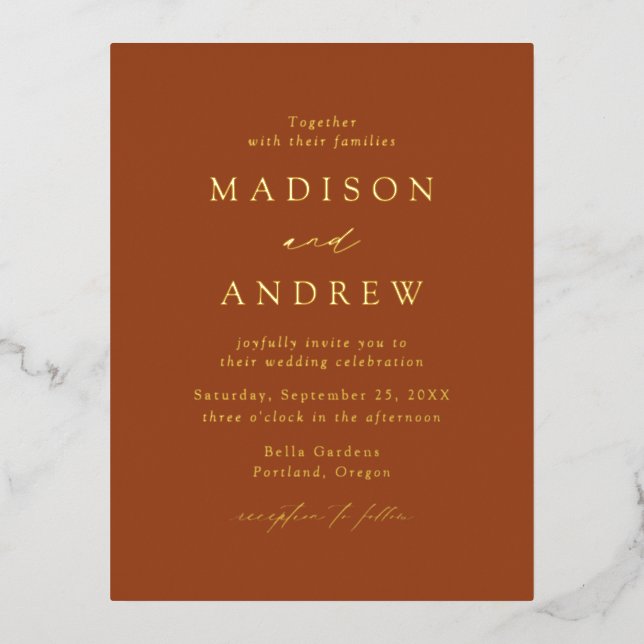 Modern Elegance Terracotta and Gold Wedding Foil Invitation Postcard (Front)