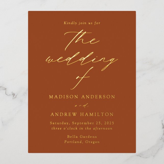 Modern Elegance Terracotta and Gold Wedding Foil Invitation Postcard (Front)