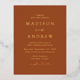 Modern Elegance Terracotta and Gold Wedding Foil Invitation Postcard