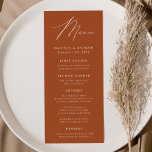 Modern Elegance Terracotta Wedding Menu<br><div class="desc">Simple and elegant wedding menu featuring "Menu" displayed in a modern white script with a terracotta background or colour of your choice. Personalise the terracotta wedding menu by adding your names,  wedding date,  and menu information. Designed to coordinate with our Modern Elegance wedding collection.</div>