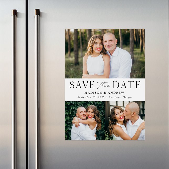 Modern Elegance Three Photo Save the Date Magnetic Invitation (Creator Uploaded)