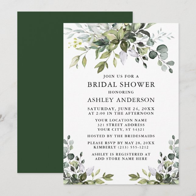 Modern Elegance Watercolor Greenery Bridal Shower Invitation (Front/Back)
