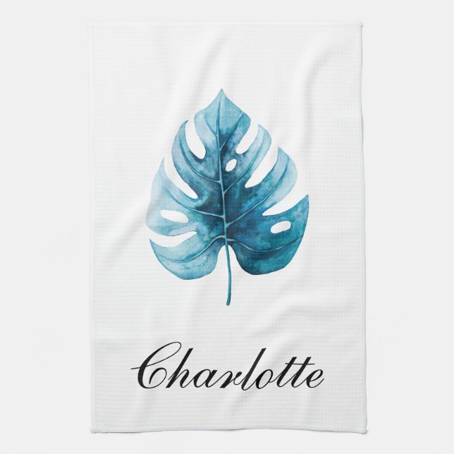 Modern Elegance Watercolor Monstera Blue Leaf Tea Towel (Vertical)
