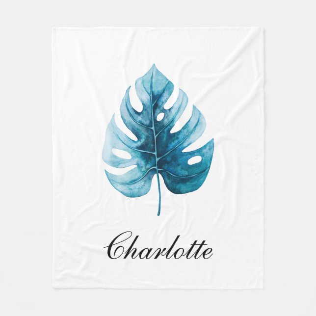 Modern Elegance Watercolor Monstera Fleece Blanket (Front)