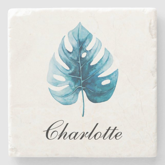 Modern Elegance Watercolor Monstera Plant Stone Coaster (Front)