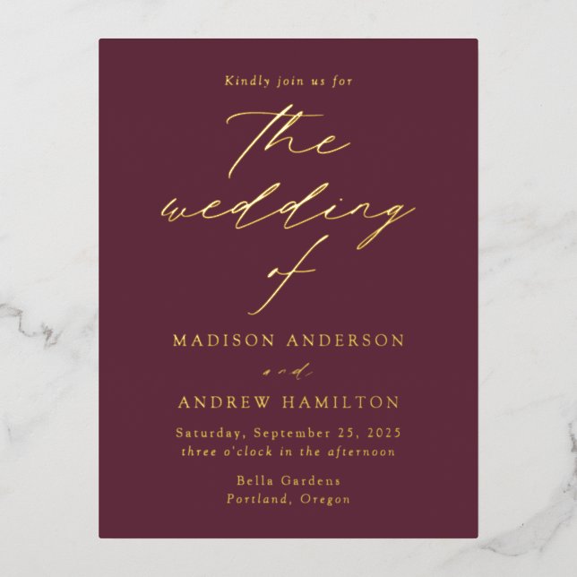 Modern Elegance Wine and Gold Wedding Foil Invitation Postcard (Front)