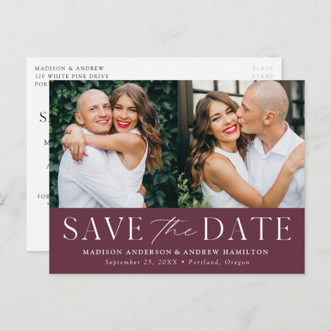 Modern Elegance Wine Two Photo Save the Date Announcement Postcard (Front/Back)