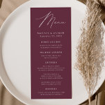 Modern Elegance Wine Wedding Menu<br><div class="desc">Simple and elegant wedding menu featuring "Menu" displayed in a modern white script with a wine-purple background or colour of your choice. Personalise the wine wedding menu by adding your names,  wedding date,  and menu information. Designed to coordinate with our Modern Elegance wedding collection.</div>