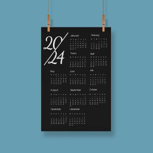 Modern Elegant 2024 Calendar Black And White  Poster