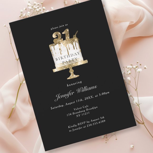 Modern, elegant 21. birthday black invitation (Modern, elegant, luxury, black & gold, 21. birthday invitation with cake illustration.)