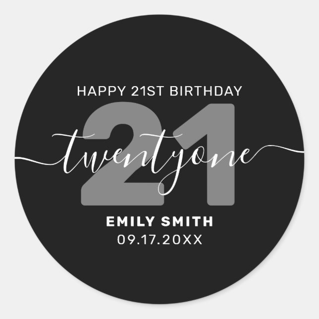Modern Elegant 21st Birthday Classic Round Sticker (Front)