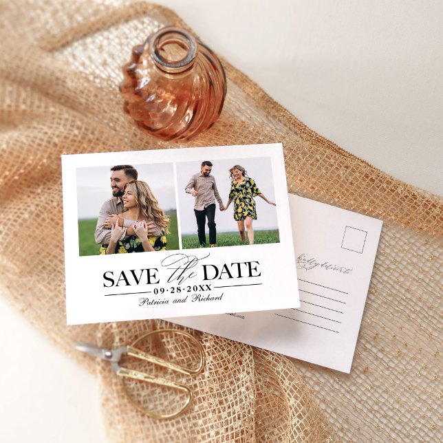 Modern Elegant 2 Photo Collage Wedding Save Date Postcard (Creator Uploaded)