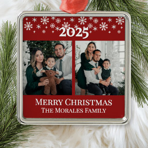 Modern Elegant 2 Photo Red Keepsake Family Metal Tree Decoration