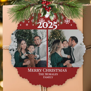 Modern Elegant 2 Photo Red Keepsake Family Tree Decoration Card