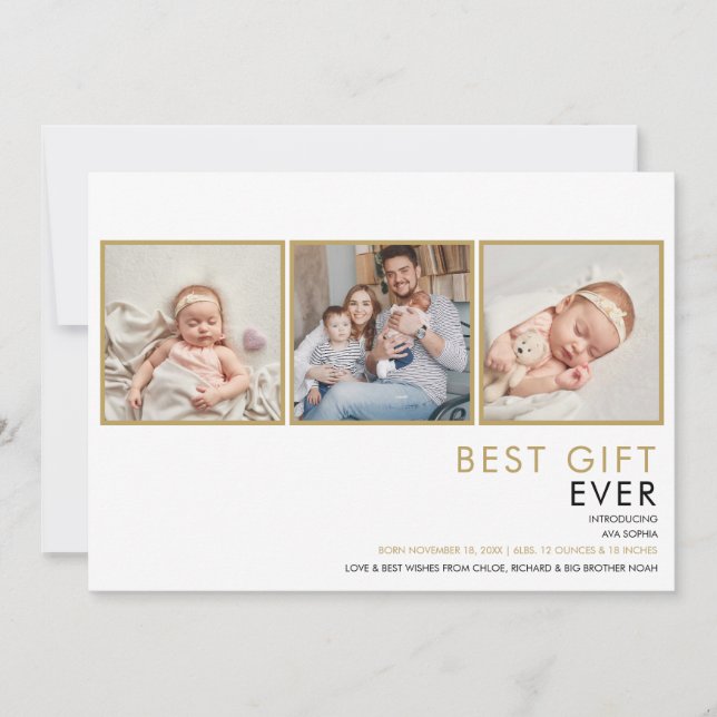 Modern Elegant 3 Photo Collage Gold Birth  Announcement (Front)