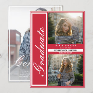 Modern Elegant 3 Photo Collage Red Graduation Announcement