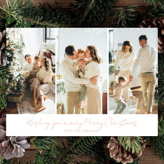 Modern Elegant 3 Photo Coral Pink Script Holiday Card
