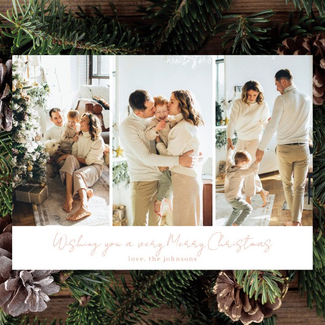 Modern Elegant 3 Photo Coral Pink Script Holiday Card (Creator Uploaded)