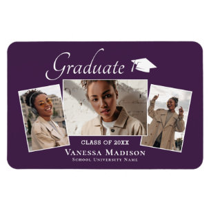 Modern   Elegant 3 Photo Grad Announcement Magnet