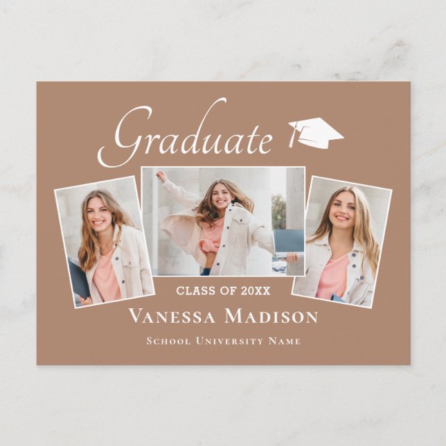 Modern | Elegant 3 Photo Graduation Announcement Postcard (Front)