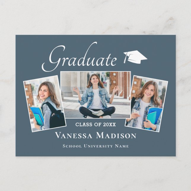 Modern | Elegant 3 Photo Graduation Announcement Postcard (Front)
