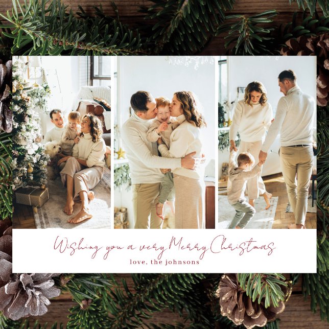 Modern Elegant 3 Photo Red Script Holiday Card (Creator Uploaded)