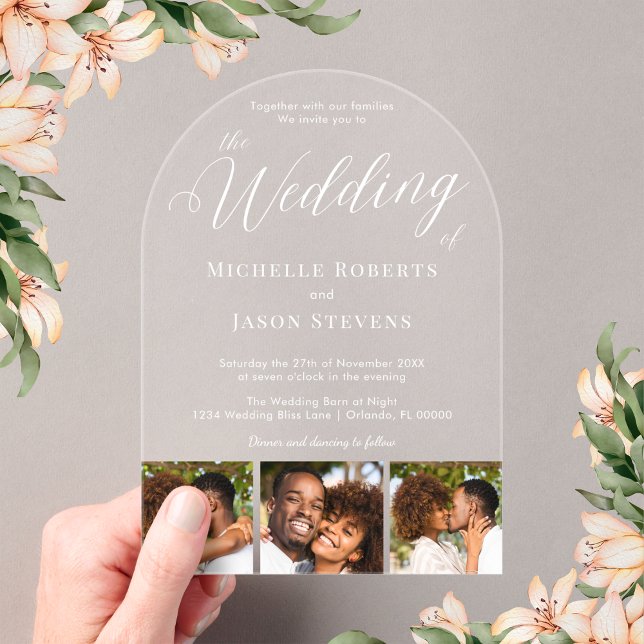 Modern Elegant 3 Photo Strip Calligraphy Wedding Acrylic Invitations (Creator Uploaded)