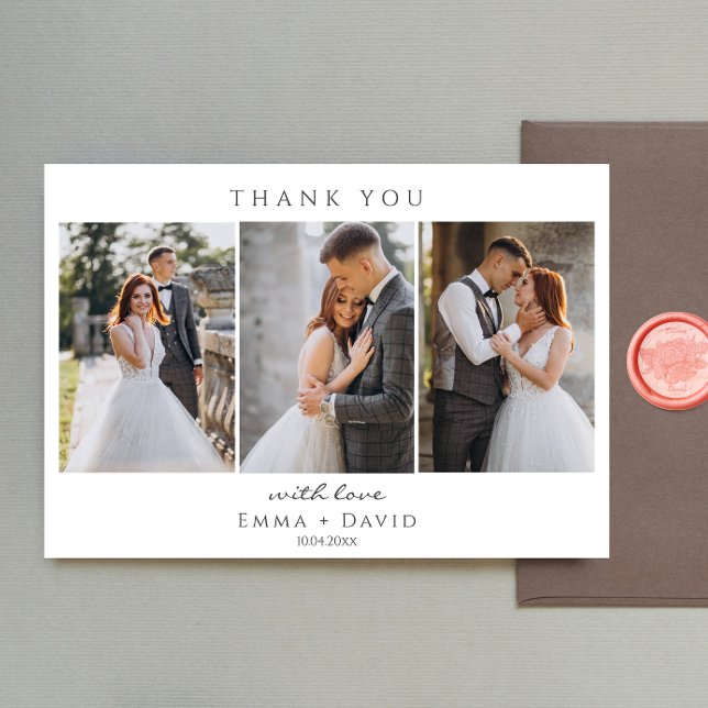 Modern Elegant 3 Photos Typography message Wedding Thank You Card (Creator Uploaded)