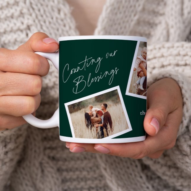 Modern Elegant 4 Photo Collage Family Gift Coffee Mug (A modern counting our blessings script 4 photo collage mug in forest green.)