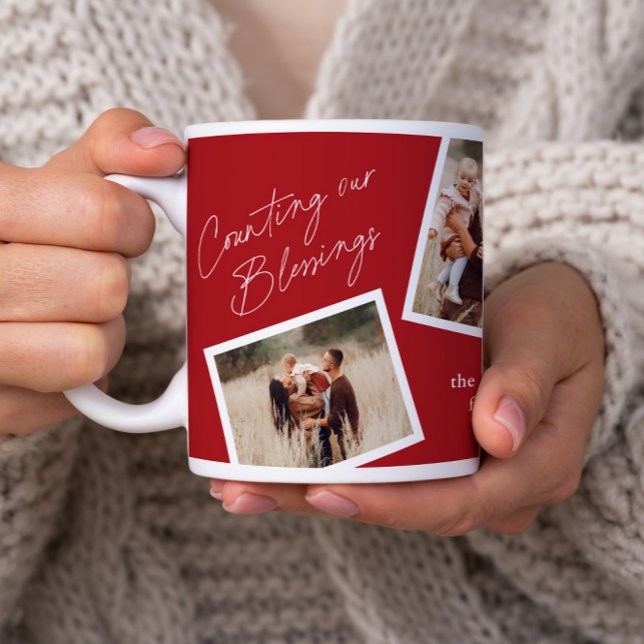 Modern Elegant 4 Photo Collage Family Gift Large Coffee Mug (A modern counting our blessings script 4 photo collage mug in red.)