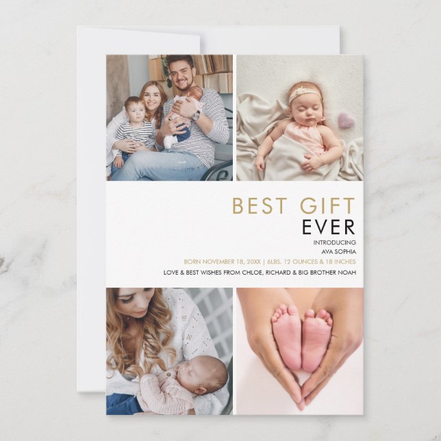 Modern Elegant 4 Photo Collage Gold Birth  Announcement (Front)