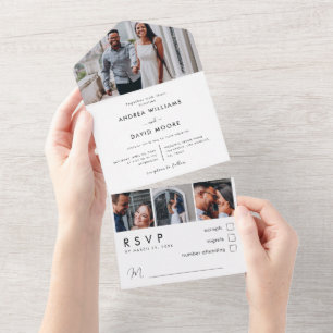 Modern Elegant 4 Photo Collage Minimalist Wedding All In One Invitation