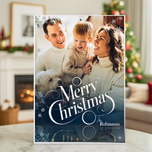 Modern Elegant 4 Photo Minimal Script Christmas Fo Foil Holiday Card (Creator Uploaded)