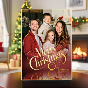 Modern Elegant 4 Photo Minimal Script Christmas Foil Holiday Card
