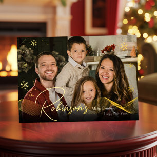 Modern Elegant 4 Photo Minimal Script Christmas Foil Holiday Card