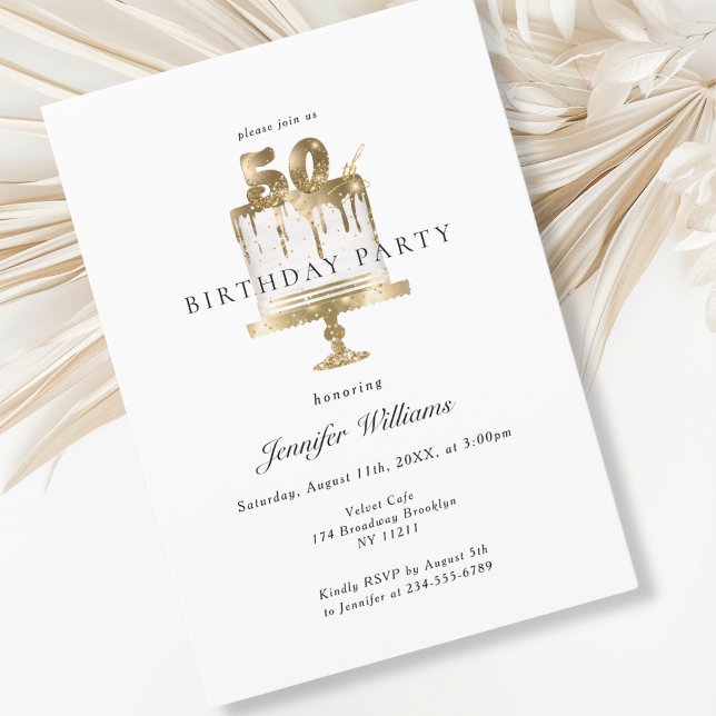 Modern, elegant 50. birthday invitation (Modern, elegant, white, cake, 50. birthday invitation.)
