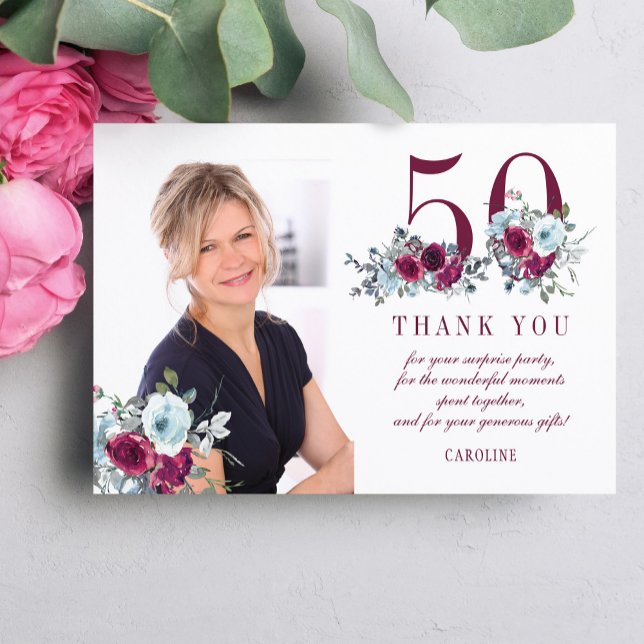 Modern elegant 50th birthday photo thank you card (Creator Uploaded)