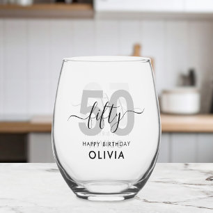 Modern Elegant 50th Birthday Stemless Wine Glass