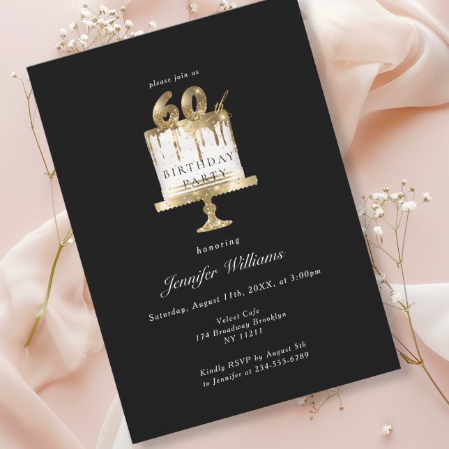 Modern, elegant 60. birthday black invitation (Modern, elegant, luxury, black & gold, 60. birthday invitation with cake illustration.)