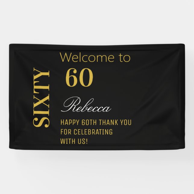 Modern Elegant 60th Birthday Party Black and Gold  Banner (Horizontal)