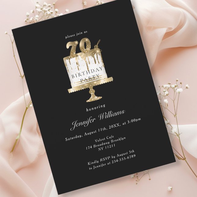 Modern, elegant 70. birthday black invitation (Modern, elegant, luxury, black & gold, 70. birthday invitation with cake illustration.)