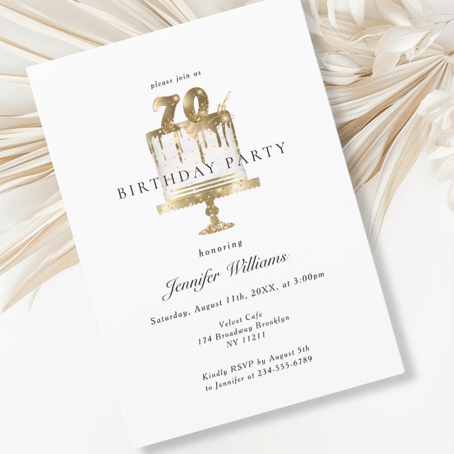 Modern, elegant 70. birthday invitation (Modern, elegant, white, cake, 70. birthday invitation.)