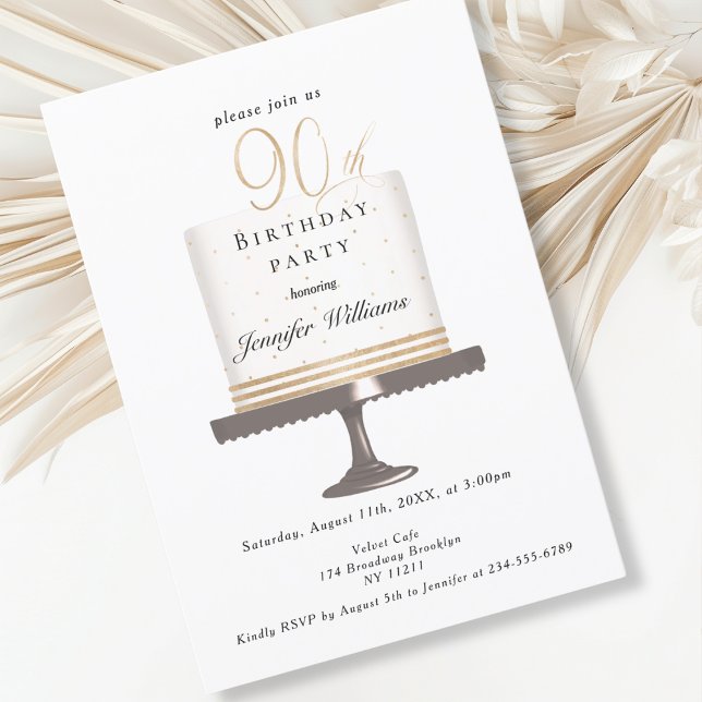 Modern, elegant 90. birthday invitation (Modern, elegant, luxury, white & gold, 90. birthday invitation with cake illustration.)