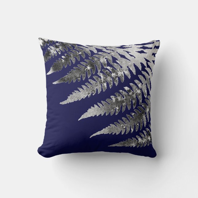 Modern Elegant Abstract Grey Watercolor Fern Navy Cushion (Front)