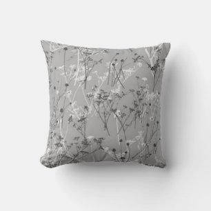Modern Elegant Abstract Grey Wildflowers Floral Cushion