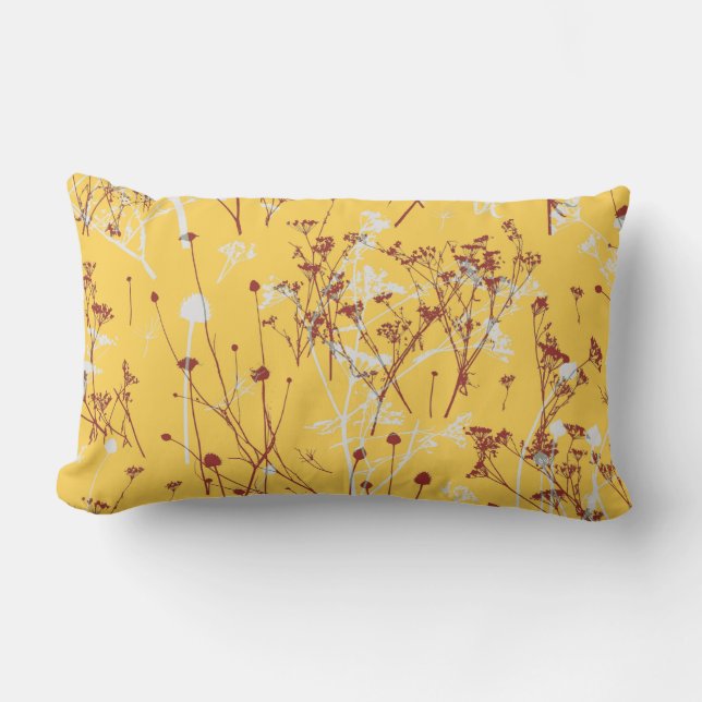 Modern Elegant Abstract Red Mustard Yellow Floral Lumbar Cushion (Front)
