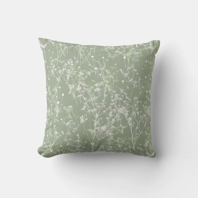 Modern Elegant Abstract Sage Green Floral Cushion (Front)