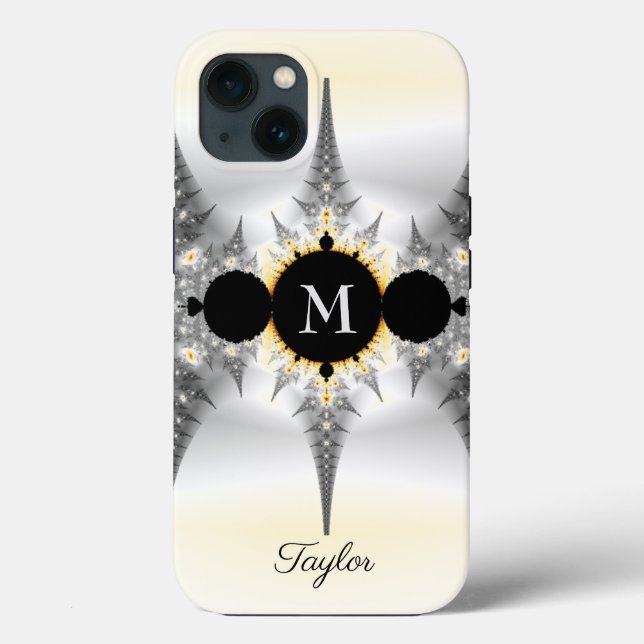 Modern Elegant Abstract Silver Fractal Monogram Case-Mate iPhone Case (Back)