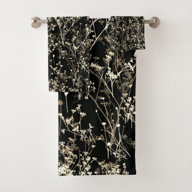 Modern Elegant Abstract Wildflowers Black Beige Bath Towel Set (Insitu)